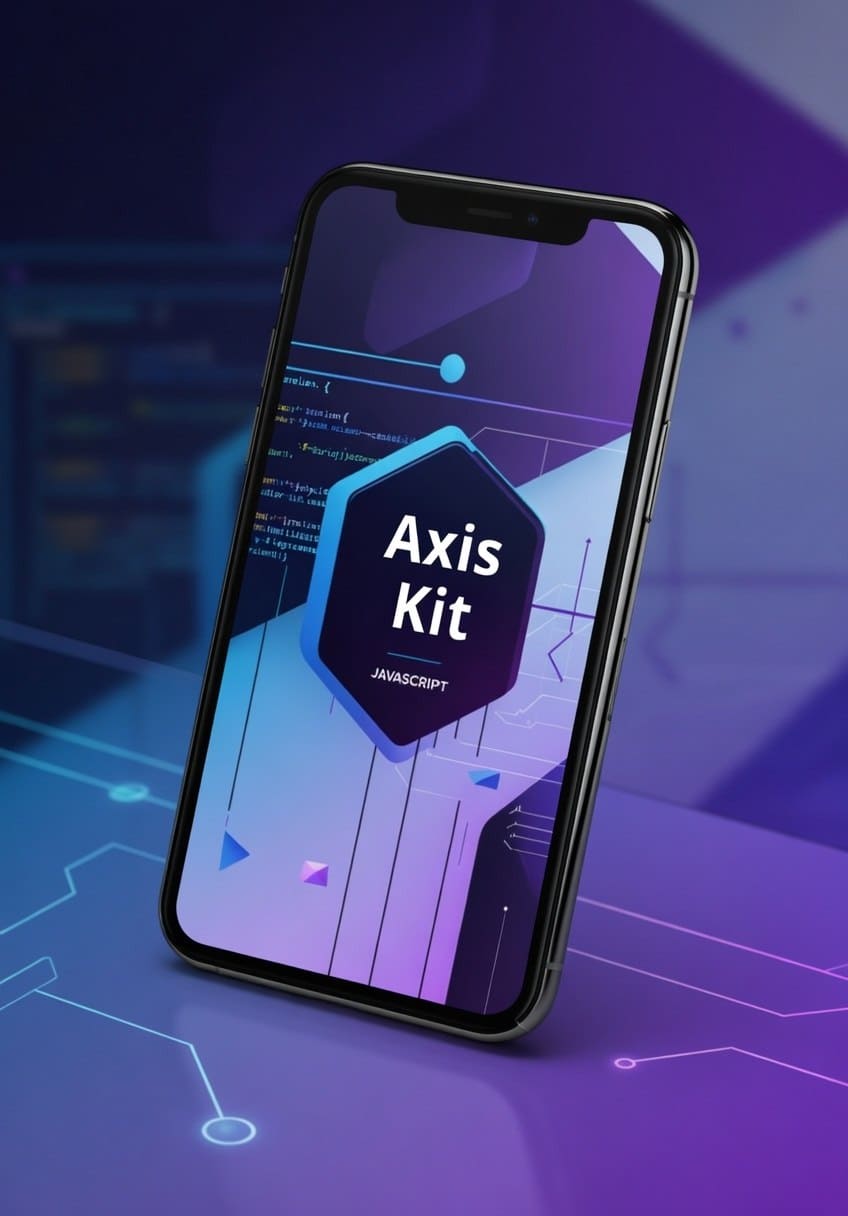 Smartphone displaying 'Axis Kit' on a futuristic interface with a blue and purple color scheme.