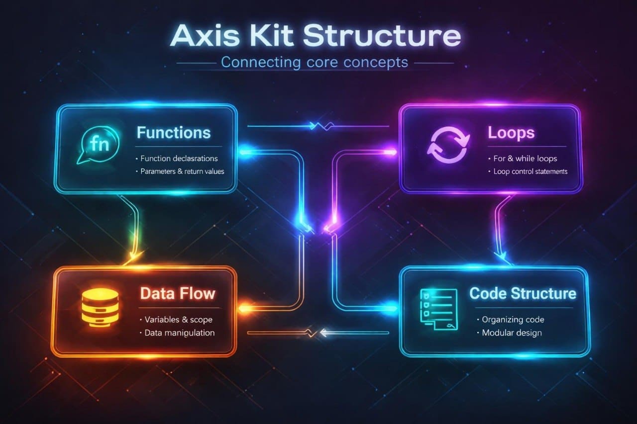 Diagram of Axis Kit Structure with functions, loops, data flow, and code structure on a dark background.