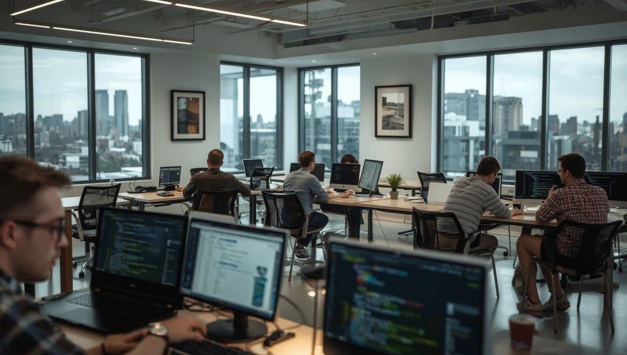 People working at desks with computers in a modern office with large windows.
