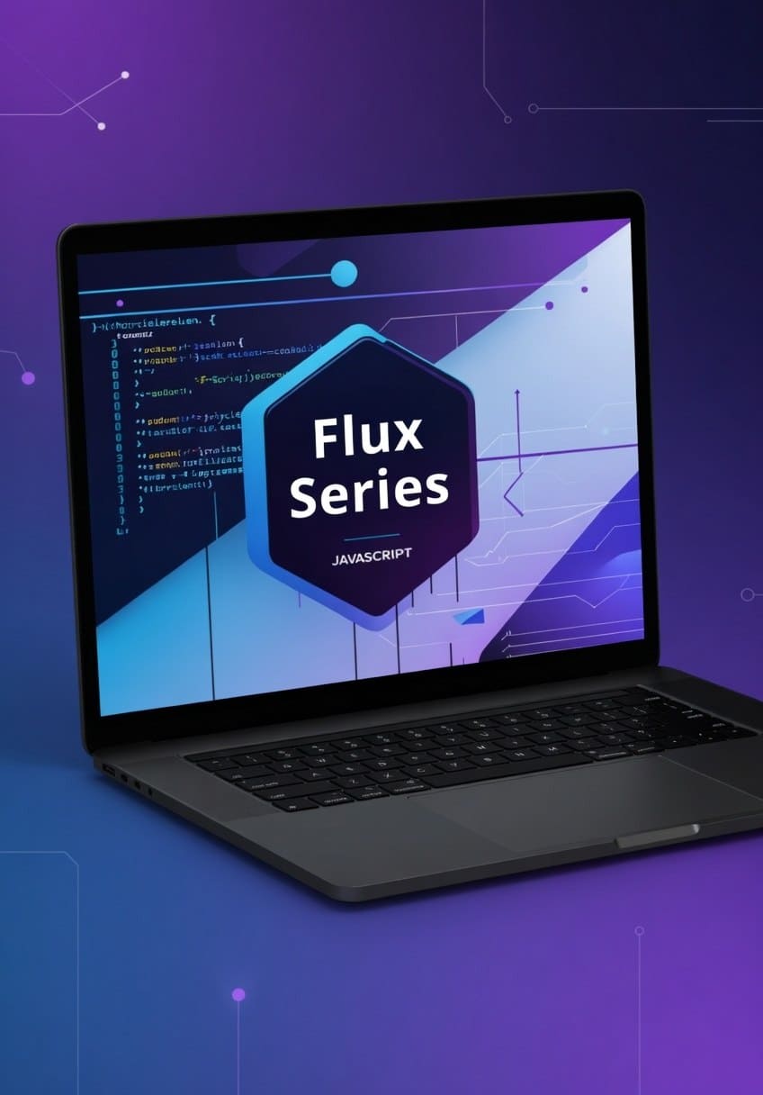 Laptop displaying JavaScript course named 'Flux Series'
