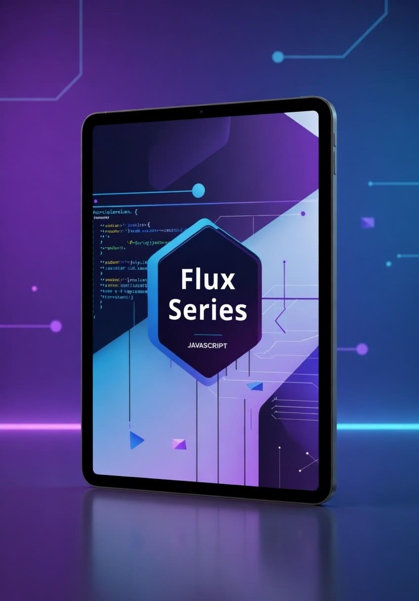 Tablet displaying 'Flux Series' JavaScript course 