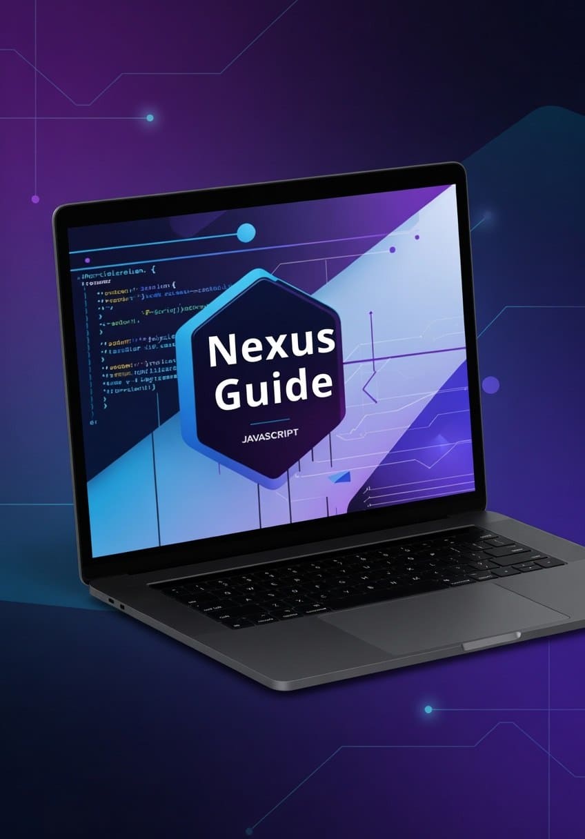 Laptop displaying JavaScript course named 'Nexus Guide'