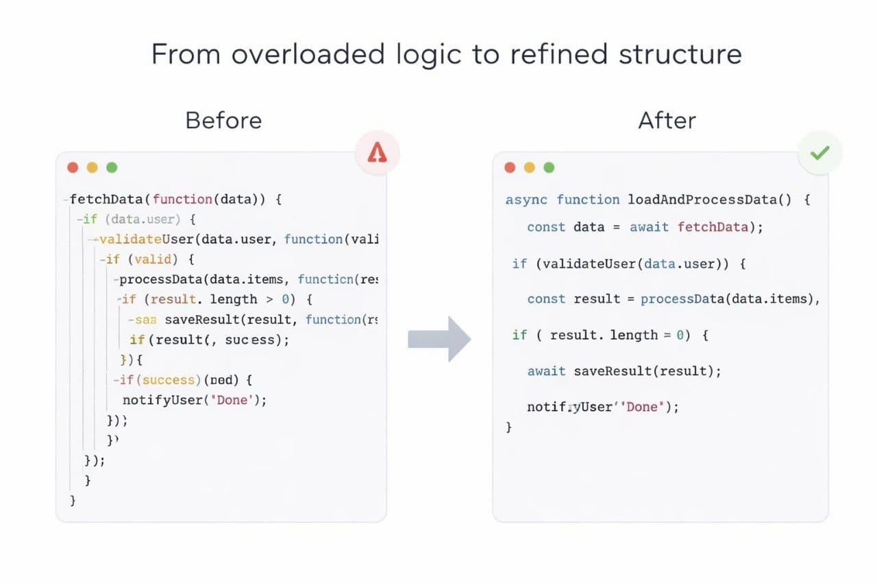Code refactoring from overloaded logic to refined structure with before and after examples.