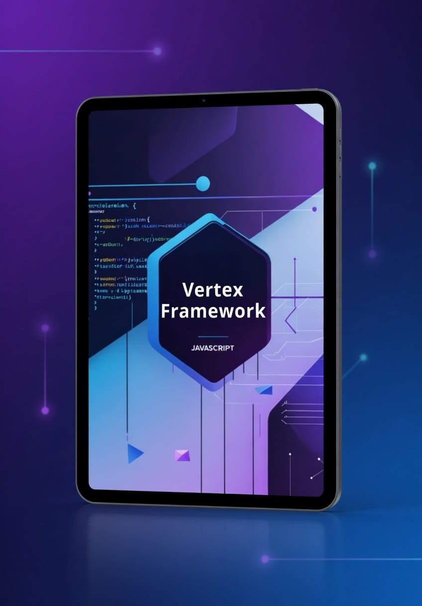 Tablet displaying 'Vertex Framework' on a blue and purple gradient background