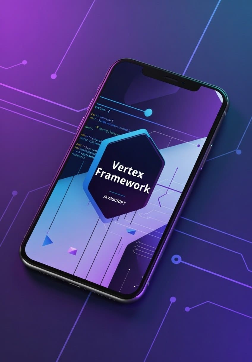 Smartphone displaying 'Vertex Framework' on a purple background with digital lines.