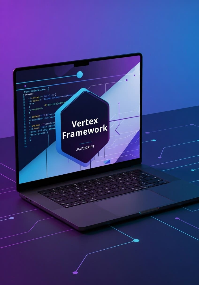 Laptop displaying 'Vertex Framework' on a blue and purple gradient background